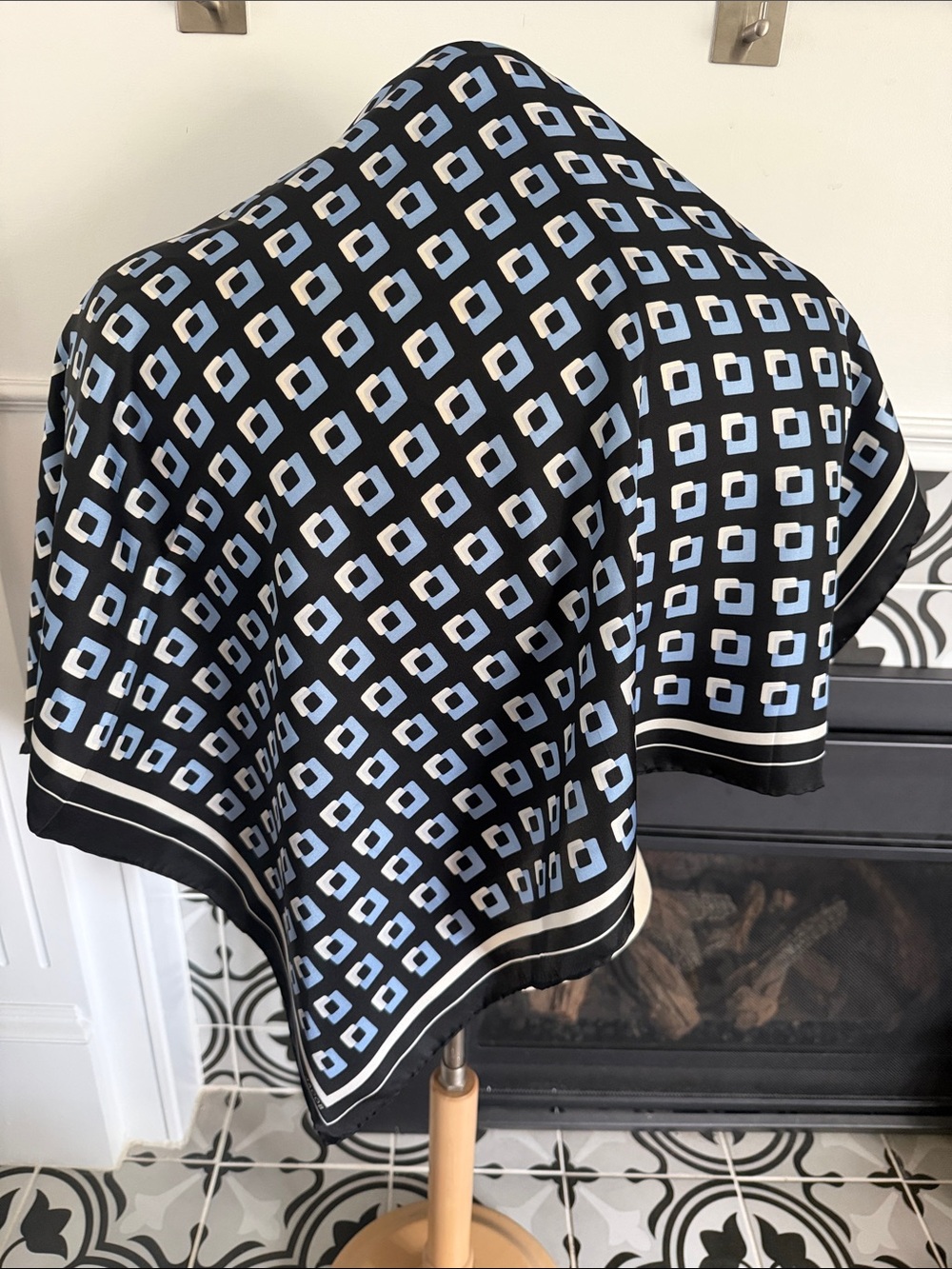 Geometric Square Print 100% Silk Scarf - Black & Light Blue